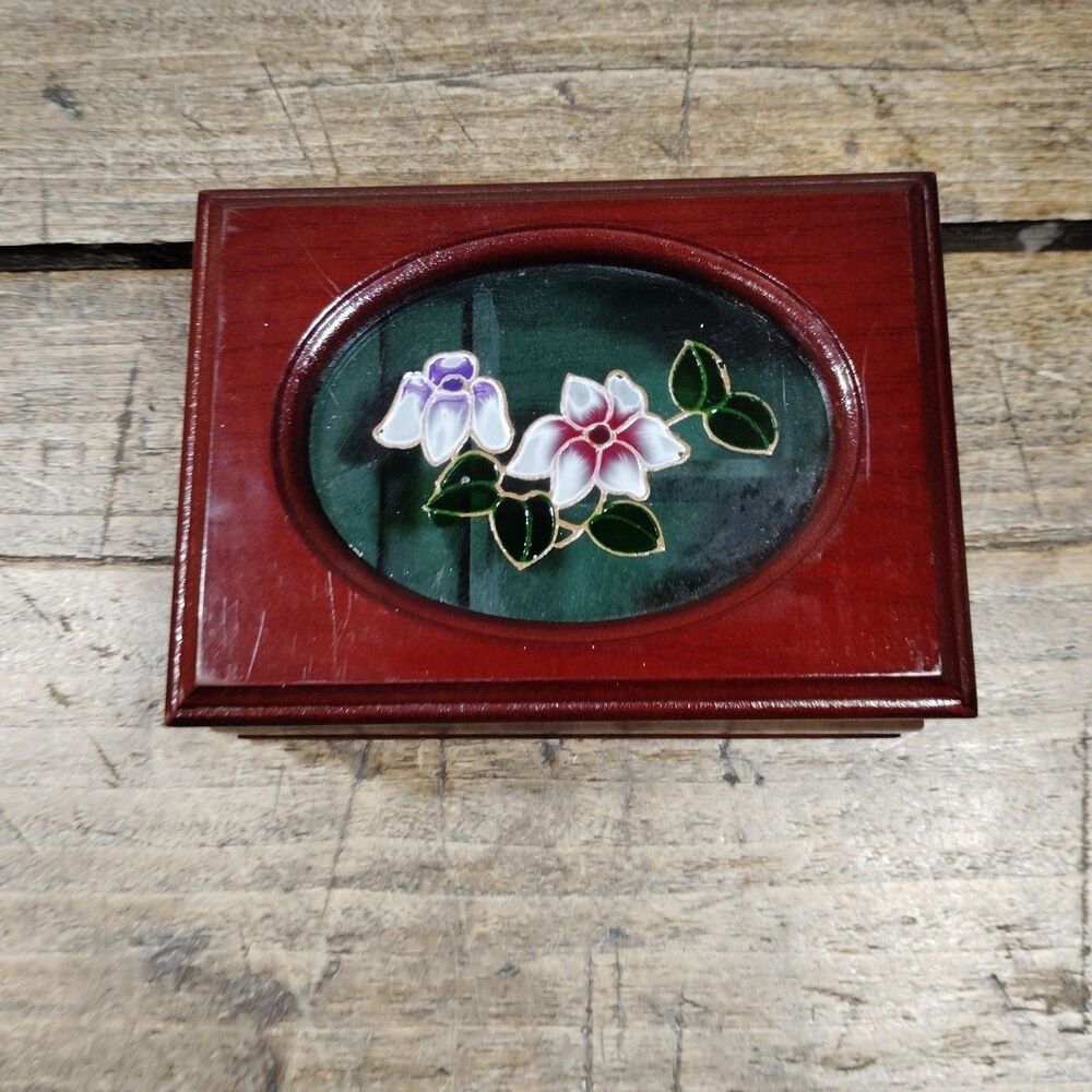 Vintage Small Wooden Mahogany Jewelry Trinket Box Hand Painted Flowers On Lid